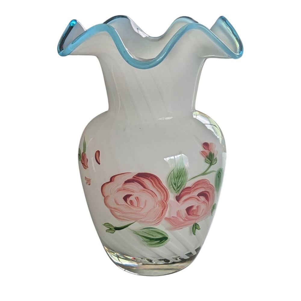 Fenton Vintage White Opalescent Swirl Vase Blue Crest Ruffled Rim Roses